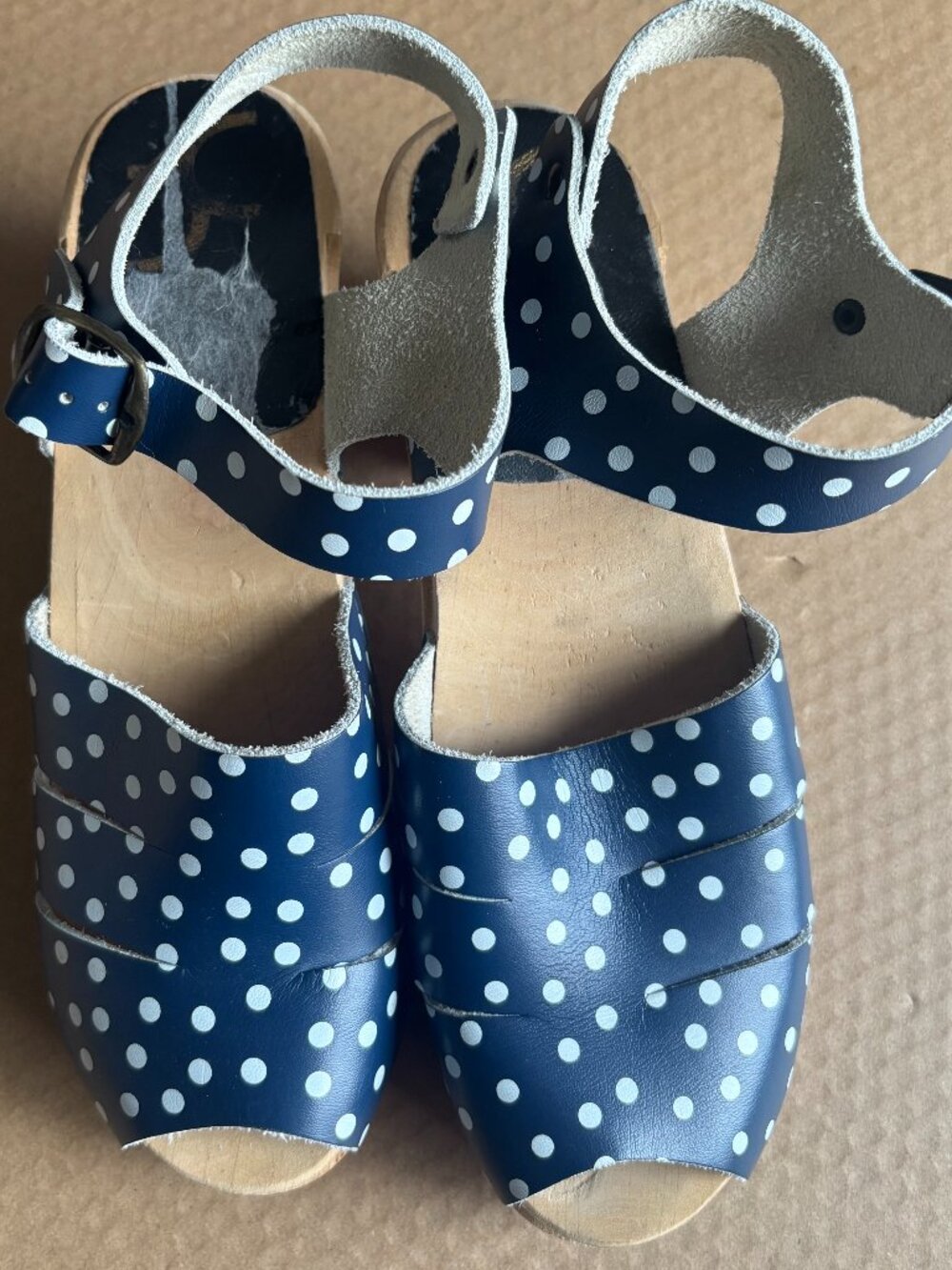 Cape Clogs Swedish Polka Dot Leather Wooden Sandals Navy White Size 38 / US 7.5